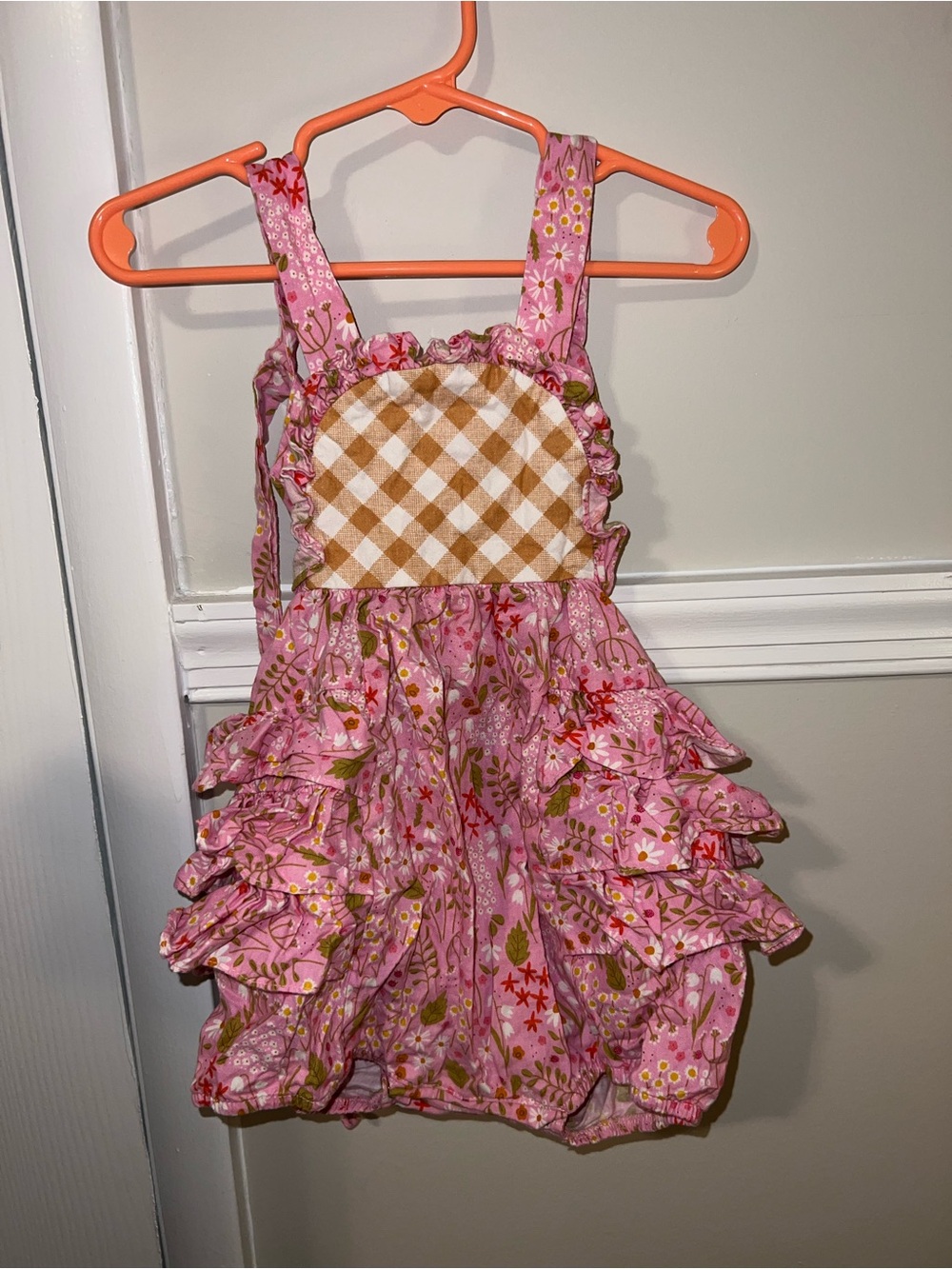 RicRac & Ruffles Pink Floral Ruffle Halter Romper with Gingham Bib